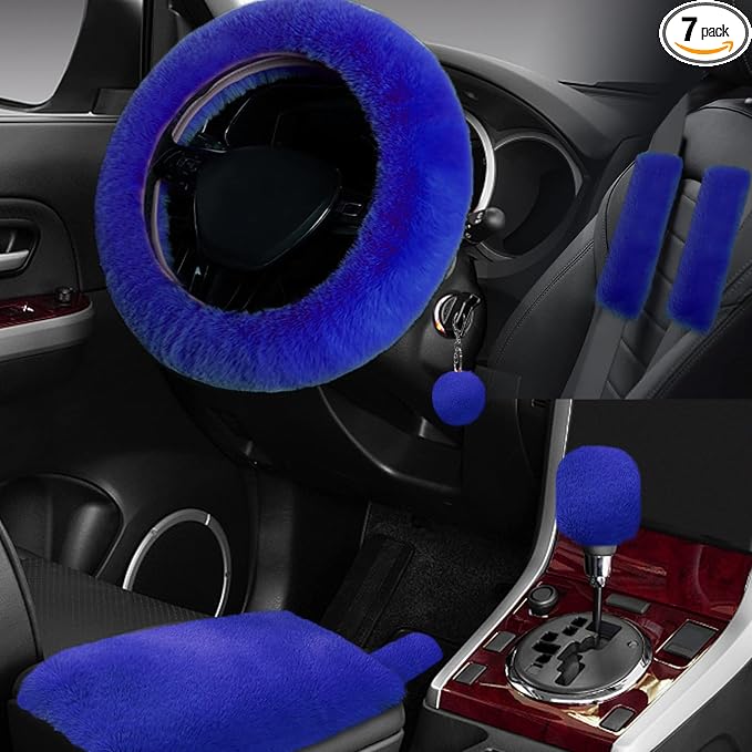 7PCS Set car Interior Aesthetic Accessories, Fluffy 15 inch Steering Wheel Cover, armrest pad, seat Belt Cover,Gear Shift Cover, Fit Girly car Accessories for Women.