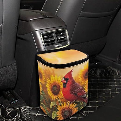 Talayituse Cardinal Sunflower Print Car Trash Can Portable Auto Garbage Bin Multifunctional Vehicle Interior Accessories with Adjustable Straps Universal Fit Truck SUV Sedan