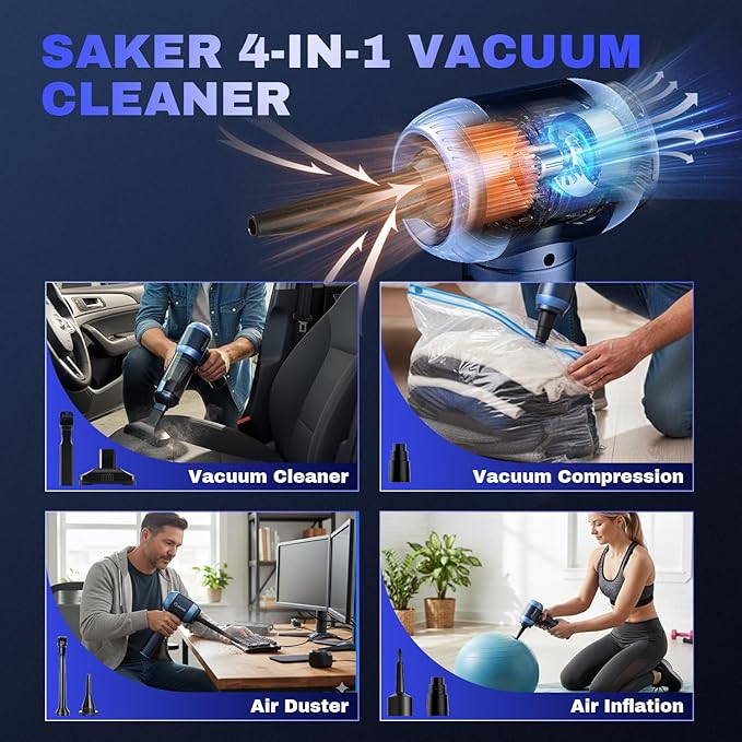 Saker Car Vacuum Portable Cordless 20000Pa Suction Power 4 in 1 Handheld Vacuum with LED Light Type-C Portable Mini Vacuums for Gifts Car, Home, Office, Pet HL157 Blue