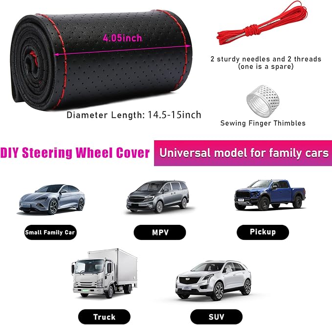 Ziciner Genuine Leather Steering Wheel Cover, Stitch on Wrap, Breathable Anti-Slip Car Steering Wheel Protector for Max Diameter 15 Inch, DIY Sewing with Needles Thread (Black/Red Line, Hole)