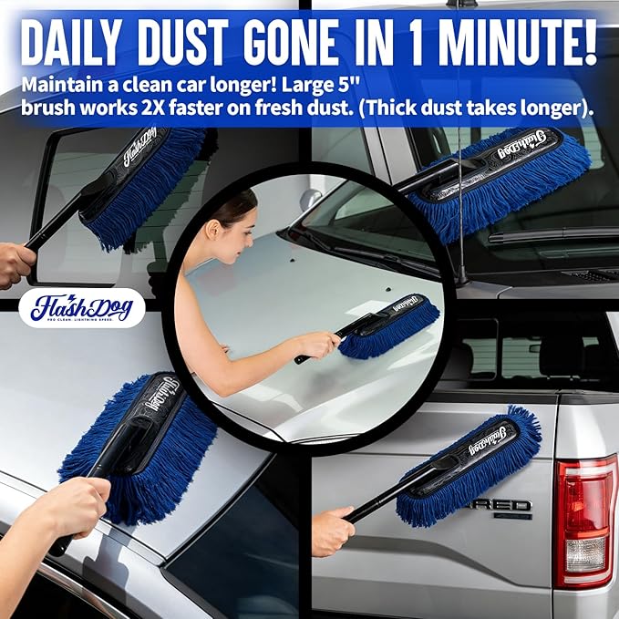 Flash Dog Car Duster Exterior – No Dust Scattering Auto Duster Brush with Classic Wood Handle, Wax-Treated Cotton Head, Scratch-Free, Reusable Dust Remover for Car, Truck, SUV