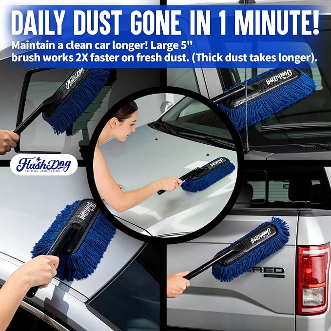 Flash Dog Car Duster Exterior & Interior Set – No Dust Scattering Auto Duster Brush with Wood Handle & Mini Brush, Wax-Treated Cotton Head, Scratch-Free Dust Remover for Car, Truck, SUV