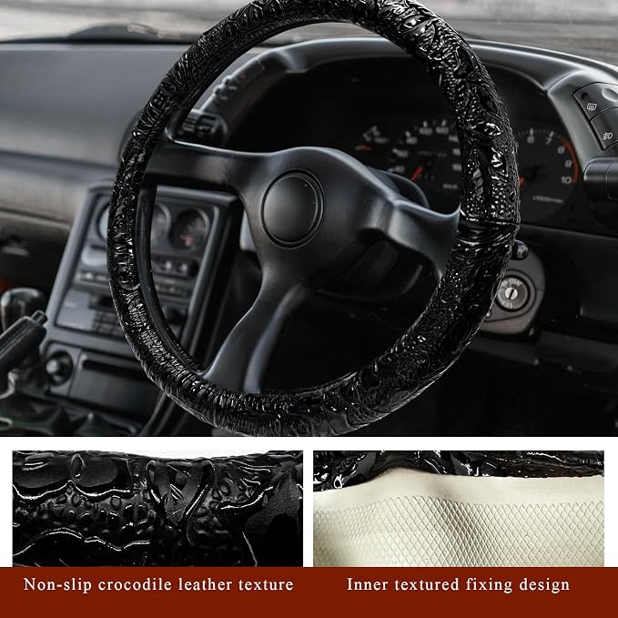 Leather Car Steering Wheel Cover, 15" Crocodile Pattern Anti Slip Car Wheel Wrap with Rose Grain, Four Seasons Universal Auto Steering Wheel Protector for Cars Trucks SUVs (Black)
