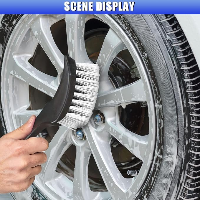 Car Wheel Brush, Stiff Bristle Short Handle Scrub Tire & Wheel Rim Brush, No-Scratch Carpet/Floor Mat Detailing Tool, Auto Interior and Exterior Cleaning Supply for Vehicle, Home (White)