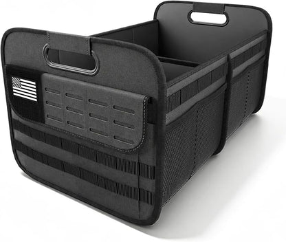 Sposuit Car Trunk Organizer for SUV - 65L Collapsible Tactical MOLLE Car Storage with Reinforced Handles & Multiple Pockets, Sturdy Trunk Organizers for Groceries, Tools & Outdoor Storage (Black)