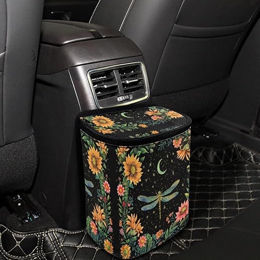 BIGCARJOB Dragonfly Car Trash Can Bin, Leak Proof Moon Floral Dragonfly Car Trash Bag, Hanging, Vehicle Trash Can for SUV Truck Van