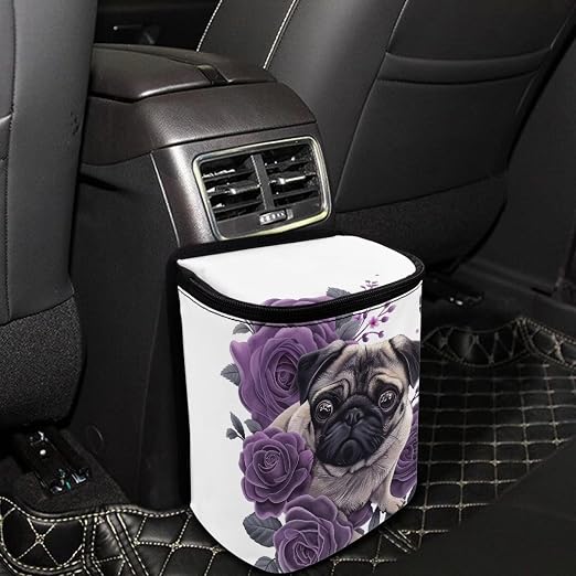 Talayituse Pug Dog Butterfly Flower Print Car Trash Can, Portable Auto Garbage Bin Multifunctional Vehicle Interior Accessories with Adjustable Straps Universal Fit Truck SUV Sedan