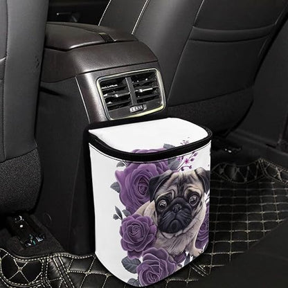 Talayituse Pug Dog Butterfly Flower Print Car Trash Can, Portable Auto Garbage Bin Multifunctional Vehicle Interior Accessories with Adjustable Straps Universal Fit Truck SUV Sedan
