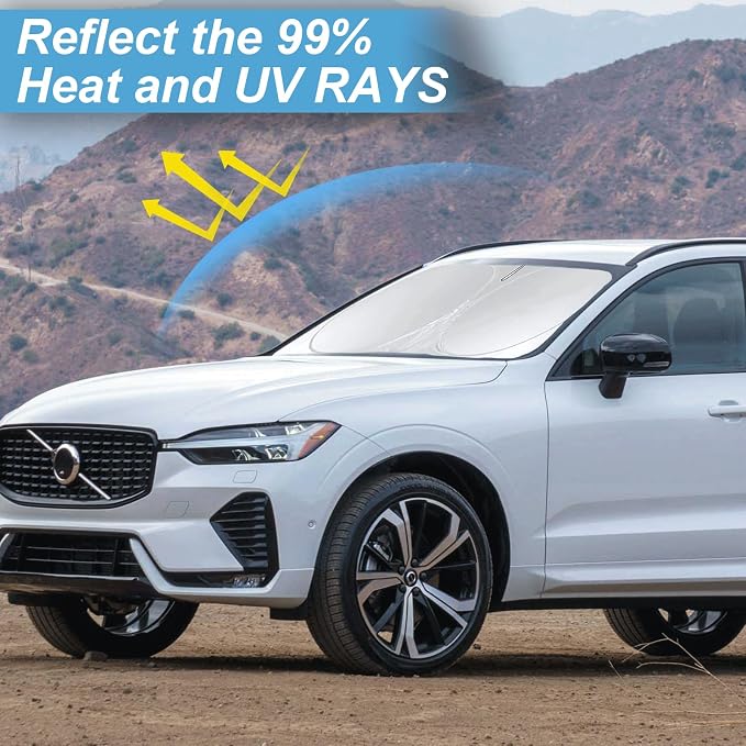 Custom Fit XC60 Windshield Sunshade for 2018 2019-2024 2025 2026 Volvo XC60 SUV Accessories Front Window Shield 210T Silver Coating Cover for Windshield Sun Visor Protector Blocks UV Keep Car Cool