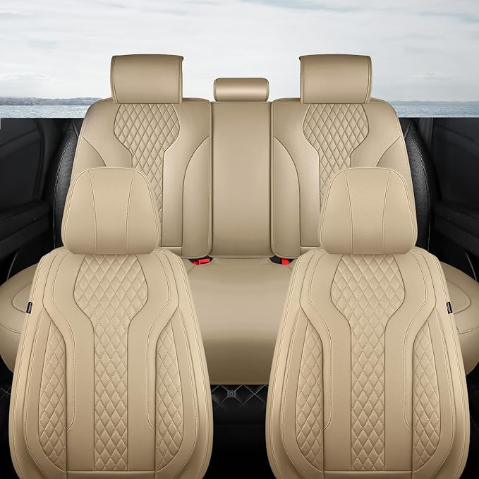 Leather Car Seat Covers Full Set, Breathable Faux Leather Seat Covers for Cars SUV Sedan Waterproof Beige