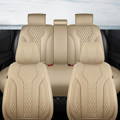 Leather Car Seat Covers Full Set, Breathable Faux Leather Seat Covers for Cars SUV Sedan Waterproof Beige