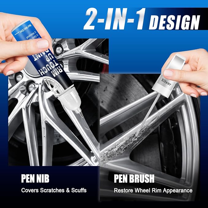 Silver Rim Touch Up Paint, 2-in-1 Brush & Tip, 0.4 fl oz - Universal Silver Rim Curb Rash Repair Kit for Scratches, Scuffs Alloy/Metal Wheels, OEM Color Match, Quick-Dry & Long-Lasting