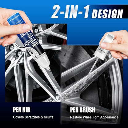 Silver Rim Touch Up Paint, 2-in-1 Brush & Tip, 0.4 fl oz - Universal Silver Rim Curb Rash Repair Kit for Scratches, Scuffs Alloy/Metal Wheels, OEM Color Match, Quick-Dry & Long-Lasting