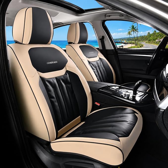 Coverado Car Seat Covers, Seat Covers for Cars 5 Seats, Full Set Car Seat Protector, Waterproof Nappa Leather Car Seat Cushion, Auto Seat Covers Universal Fit for Most Vehicles, Beige&Black