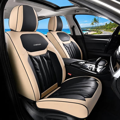 Coverado Car Seat Covers, Seat Covers for Cars 5 Seats, Full Set Car Seat Protector, Waterproof Nappa Leather Car Seat Cushion, Auto Seat Covers Universal Fit for Most Vehicles, Beige&Black