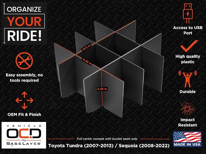 Vehicle OCD - Center Console Organizer for Toyota Tundra (2007-2013) / Sequoia (2008-2022) - Made in USA - SLX111
