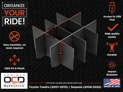 Vehicle OCD - Center Console Organizer for Toyota Tundra (2007-2013) / Sequoia (2008-2022) - Made in USA - SLX111
