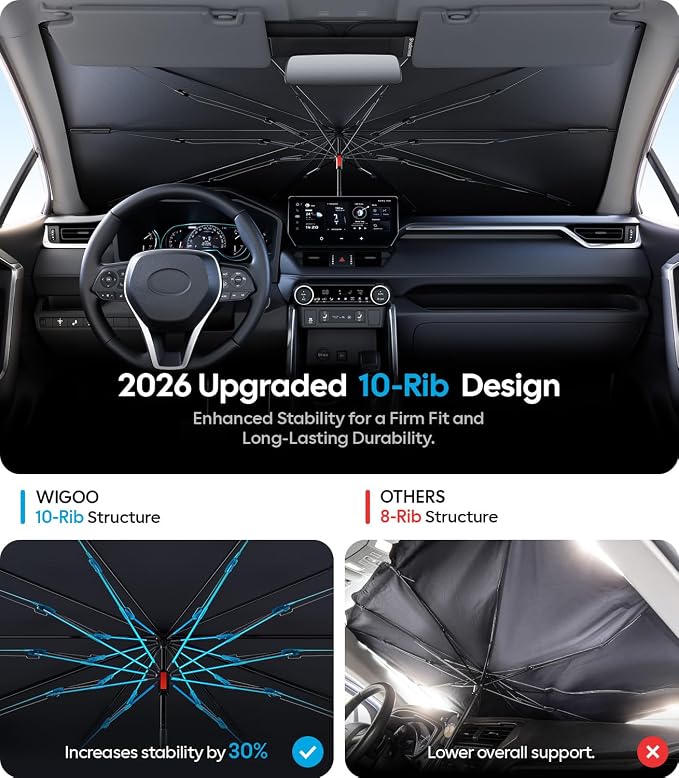 Wigoo Car Windshield Sun Shade Umbrella, UV Block & Heat Insulation, Reinforced Shaft Foldable Sunshade Keeps Car Cool & Protects Interior, Universal Fit for Compact SUV & Sedan, A9 (41.7 * 24.3 in)