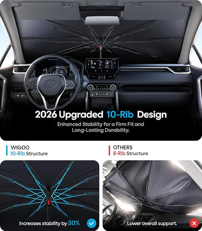 Wigoo Car Windshield Sun Shade Umbrella, UV Block & Heat Insulation, Reinforced Shaft Foldable Sunshade Keeps Car Cool & Protects Interior, Universal Fit for Compact SUV & Sedan, A9 (41.7 * 24.3 in)