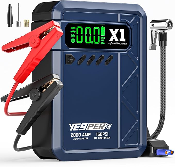 YESPER Jump Starter with Air Compressor 2000A 150PSI Battery Jumper Starter Portable(8L Gas/6L Diesel), 12V Car Jump Pack Battery Charger Jump Box with Jumper Cables, LCD Display, Lights(Blue)