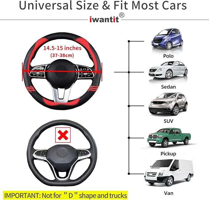 Iwantit® Premium Grip Steering Wheel Cover with Anti-Slip Rubber Ring, Made of Carbon Fiber & Breathable PU Leather, Universal Fit for 14.5-15 Inch Car and SUV (Passion Red)