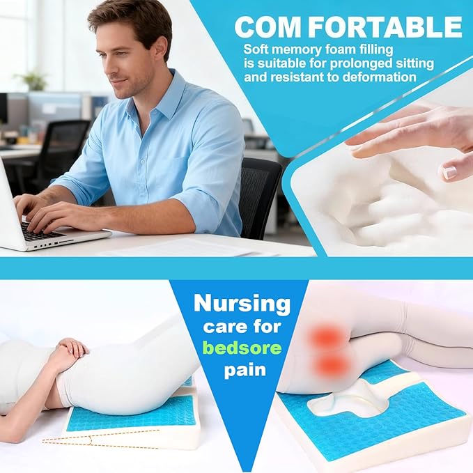 Gel Wheelchair Seat Cushion,Bed Sore Cushions for Butt, Memory Foam Hemorrhoid Pillow for Chairs,Butt Pillow for Pressure Sore&Ulcer Pain,Sciatica &Coccyx Pain Relief,Washable-Cover(Blue)