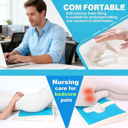 Gel Wheelchair Seat Cushion,Bed Sore Cushions for Butt, Memory Foam Hemorrhoid Pillow for Chairs,Butt Pillow for Pressure Sore&Ulcer Pain,Sciatica &Coccyx Pain Relief,Washable-Cover(Blue)
