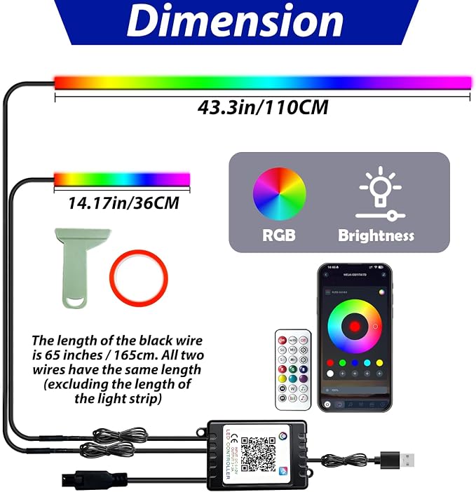 RGB-IC Car Led Strip Lights, Interior Car Lights, App and Remote Control Ambient Lighting Kit with 16 Million Colors Fiber Optics&Music Sync Rhythm, USB Neon Light Accessories for Center Console&Door