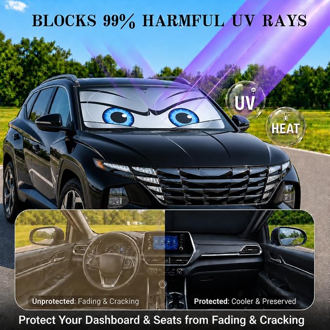 Car Windshield Sun Shade, Funny Eyes Foldable Front Window Sunshade, UV Heat Protection Windshield Cover Universal Fits Crossover Mid-Large Sedan SUV Family Vehicle - 63 x 31.5