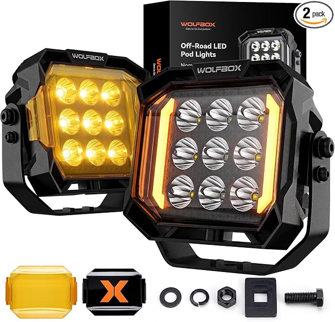 WOLFBOX 5 Inch LED Pods with True Power Lumens - Professional Off Road Lights with Amber DRL Spot Flood Beam, IP69K Waterproof Driving Lights for Jeep Ford UTV ATV, 5-Year Warranty