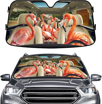 GENANY Cute Flamingo Windshield Sun Shade for Car SUV Truck (64x32 Inches), Sun Shade Windshield, Shades for Front Windows, Protector Blocks UV, Spring Auto Gifts, Spring Car Decor
