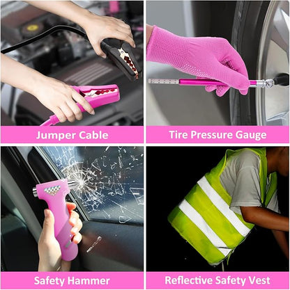 Car Roadside Safety Kit - 129pcs Pink Winter Emergency Road Side Assistance Kits Auto Essential Kit for Men, Women, Teen
