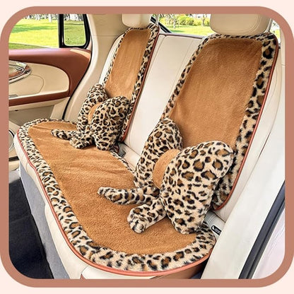 LYFJMUS 4 Pack Plush Leopard Print Car Headrest Pillow and Lumbar Support Pillow Soft Bow Car Neck Pillows for Driving Cars Home Decor (Brown Leopard)