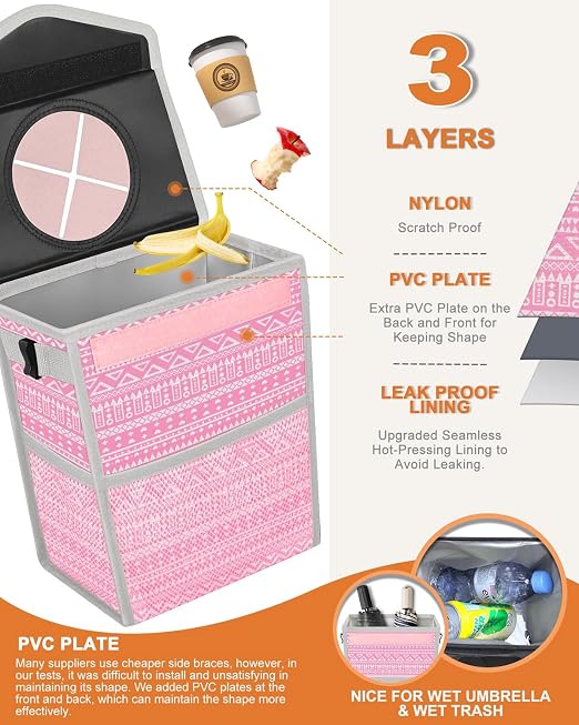Pritent Car Trash Can with Lid, Cute Leakproof Car Trash Garbage Bag Hanging Vehicle Trash Bin Small Portable Automotive Garbage Cans Organizer for Back/Front Seat/Console(Trapezoid,Pink Print)