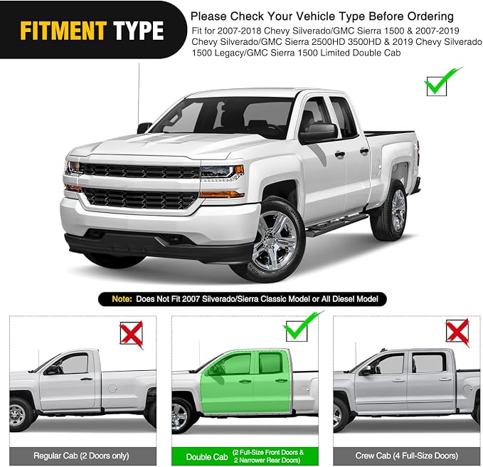 Nilight Running Boards for 2007-2018 Chevy Silverado/GMC Sierra 1500 Double Extended Cab 2007-2019 Chevy Silverado/GMC Sierra 2500HD 3500HD 6 Inch Aluminum Side Step Nerf Bars