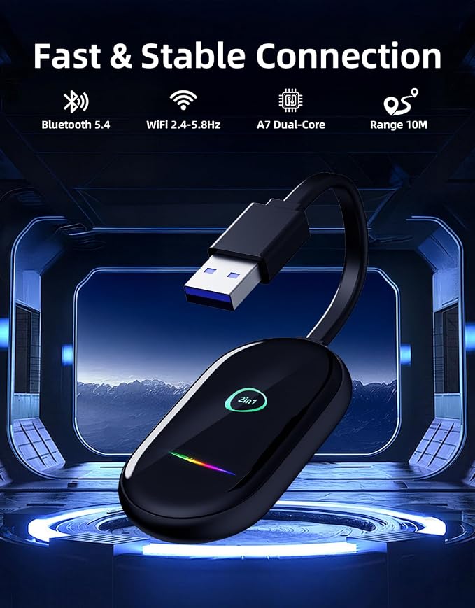 Wireless CarPlay & Android Auto Adapter – Fast & Stable Wireless Upgrade, Converts Wired CarPlay to Wireless, Plug & Play, No Delay, Compatible with iPhone 6+ & 800+ Cars (2016 & Newer)