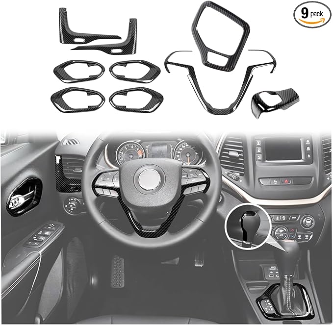 JeCar 9pcs Set Black Carbon Fiber Interior Trim Kit for 2014-2018 Jeep Cherokee Interior Accessories