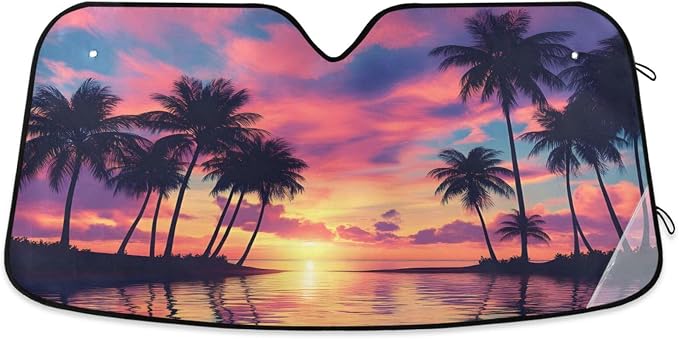 Palm Trees Windshield Sun Shade for Car Auto SUV Truck Purple Beach Sunset Landscape Foldable Front Window Sunshade Sun Visor Protector Block UV Rays Reflect Heat, 55" x 28"