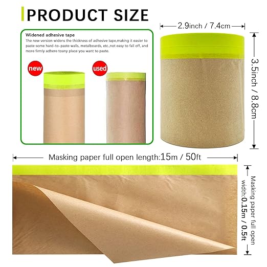 Tape and Drape, 6” x 50 feet Masking Paper for Painting, Pre-Taped Masking Paper with Adhesive, Paint Tape, Car Protection Covering Paper for Car and Furniture, Floor (1 Pack)