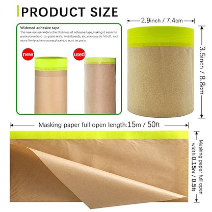 Tape and Drape, 6” x 50 feet Masking Paper for Painting, Pre-Taped Masking Paper with Adhesive, Paint Tape, Car Protection Covering Paper for Car and Furniture, Floor (1 Pack)
