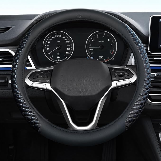 Coverado Nappa Leather Steering Wheel Cover Universal 14-15 Inch Anti-Slip Breathable Steering Wheel Protector Luxury Auto Decor for Men Women Blackline