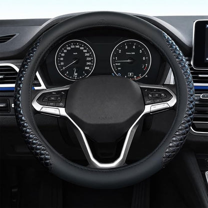 Coverado Nappa Leather Steering Wheel Cover Universal 14-15 Inch Anti-Slip Breathable Steering Wheel Protector Luxury Auto Decor for Men Women Blackline