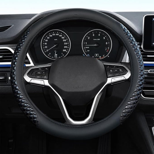 Coverado Nappa Leather Steering Wheel Cover Universal 14-15 Inch Anti-Slip Breathable Steering Wheel Protector Luxury Auto Decor for Men Women Blackline