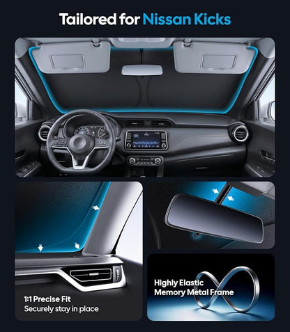 for Nissan Kicks Windshield Sunshade [OEM Design, 100% Sun Blockage] Foldable Heat Insulation Sun Shade with Storage Bag, for Nissan Kicks (2018-2026), Silver Coating