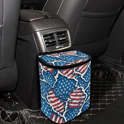 Talayituse Vintage American Flag Paper Print Car Trash Bin, Large Size Auto Trash Can Adjustable Portable Garbage Can with Lid, Vehicle Hanging Bag for Headrest Front Back Seat 4th of July Decor
