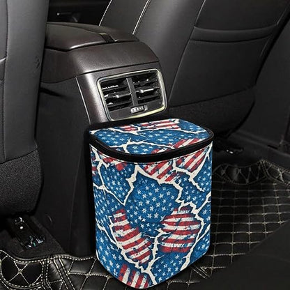 Talayituse Vintage American Flag Paper Print Car Trash Bin, Large Size Auto Trash Can Adjustable Portable Garbage Can with Lid, Vehicle Hanging Bag for Headrest Front Back Seat 4th of July Decor