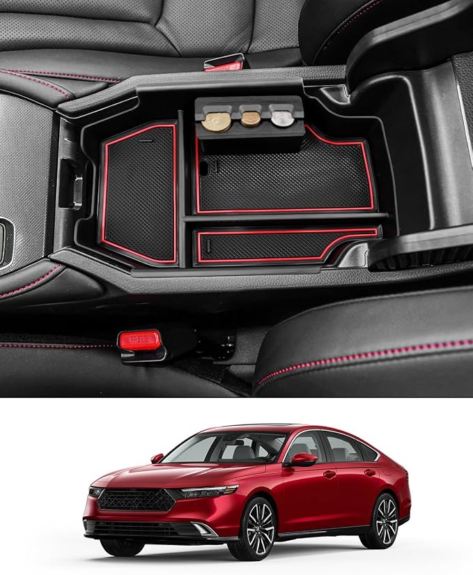 2023-2025 2026 Accord Hybrid Center Console Organizer for Honda Accord (LX/SE/EX/EX-L/Sport/Sport-L/Touring), Durable ABS Plastic Console Tray Insert 2026 Accord Accessories w/Coin Holder (Red)