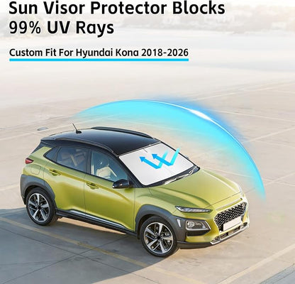 Windshield Sun Shade for Hyundai Kona 2018-2026 Sunshade 300T Windshield Cover Protector Blocks UV Rays Custom Fit Kona Front Window Shades Windshield Accessories Keep Cool Foldable
