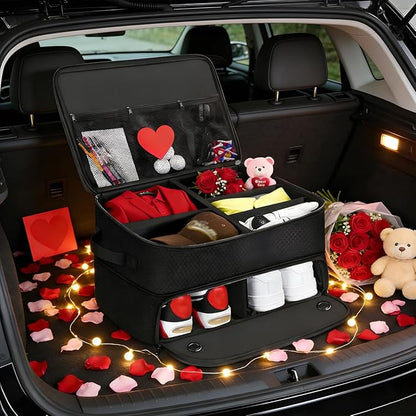 Golf Trunk Organizer 2 Layer with Separate Compartment for 2 Pair of Shoes, Golf Bag Storage for Car, Waterproof,Trunk Locker for Balls, Tees,Gloves