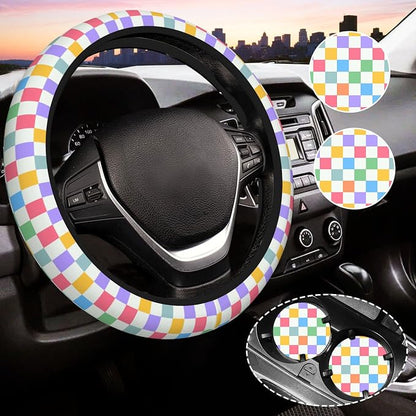 Checkered Steering Wheel Cover for Women,Universal Auto Steering Wheel 14-15 Inch Car Interior Accessories with 2PCS Car Coasters,Suitable for Men and Women